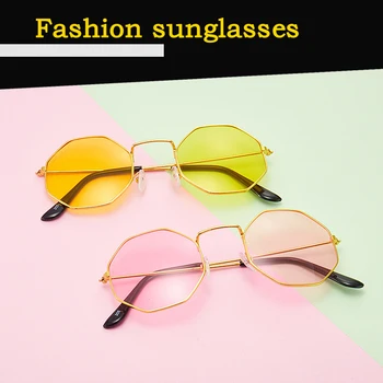 Модные Новые Полигональные Креативные Солнцезащитные очки с прозрачными Океанскими линзами Восьмиугольные Солнцезащитные очки-Законодатели моды Очки в металлической оправе