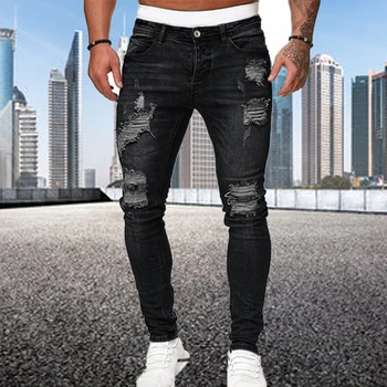 Модные Мужские Эластичные Рваные обтягивающие джинсы с дырками, тонкий деним, Высококачественный хип-хоп, черные джинсовые Уличные Ковбойские брюки
