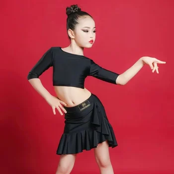 Платье для латиноамериканских танцев для девочек, Детский черный комплект с разрезным топом и юбкой, тренировочный костюм для латиноамериканских выступлений Lombard Chacha