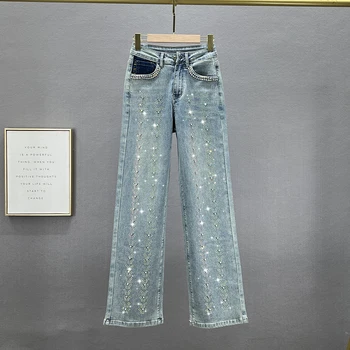 Сверхпрочные джинсы для женщин, Модные Новинка 2023, Весна-лето, с высокой талией, Свободные брюки с бриллиантовой шваброй, Женские Выстиранные повседневные джинсовые брюки