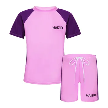 Летний стильный детский купальник Унисекс из 2 предметов, футболка с коротким рукавом, Шорты, комплект в стиле пэчворк с цветным блоком, купальный костюм, Спортивные купальники